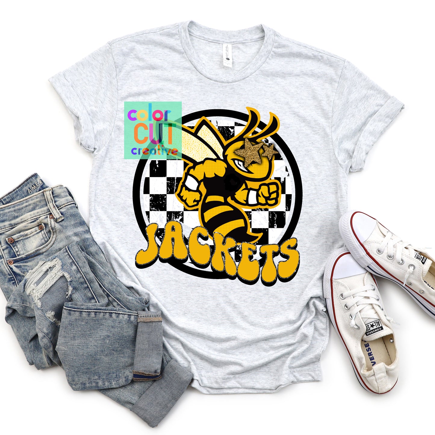 Jackets preppy mascot gold black checkerboard