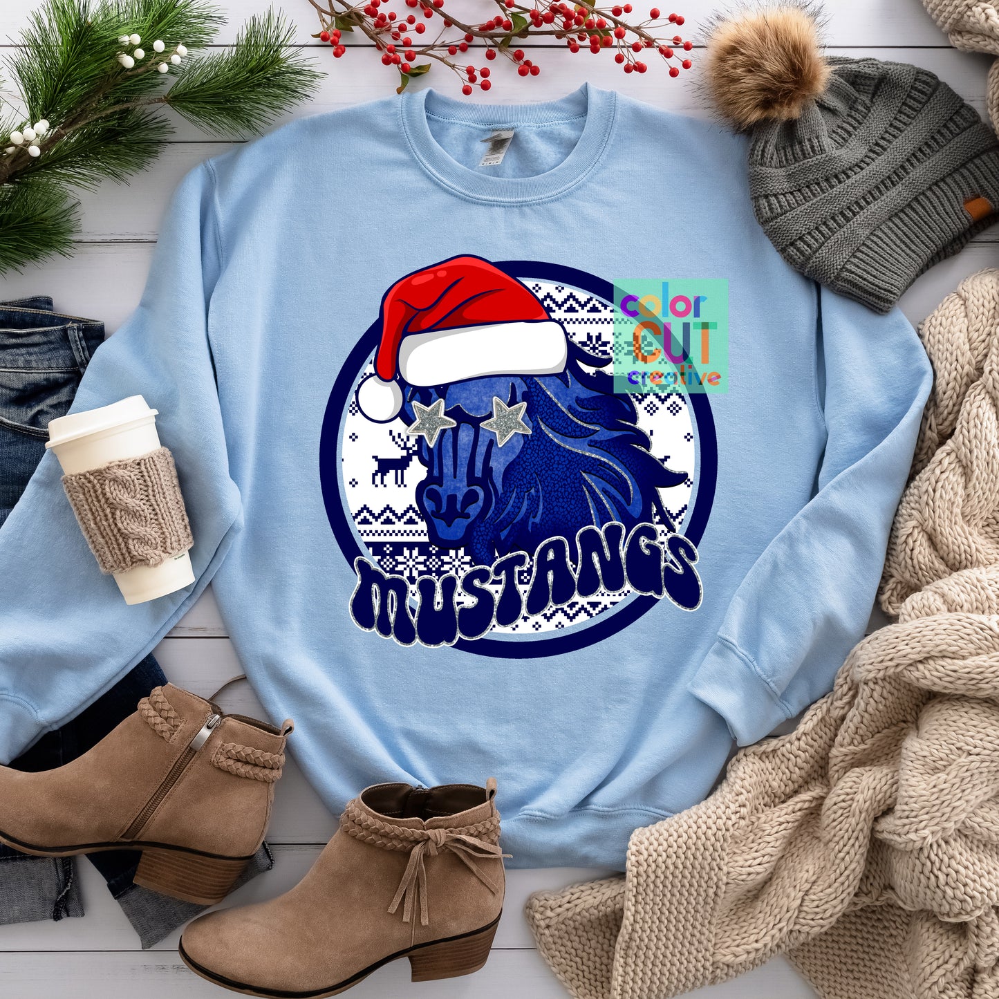 Fairisle Christmas Mustangs blue white navy