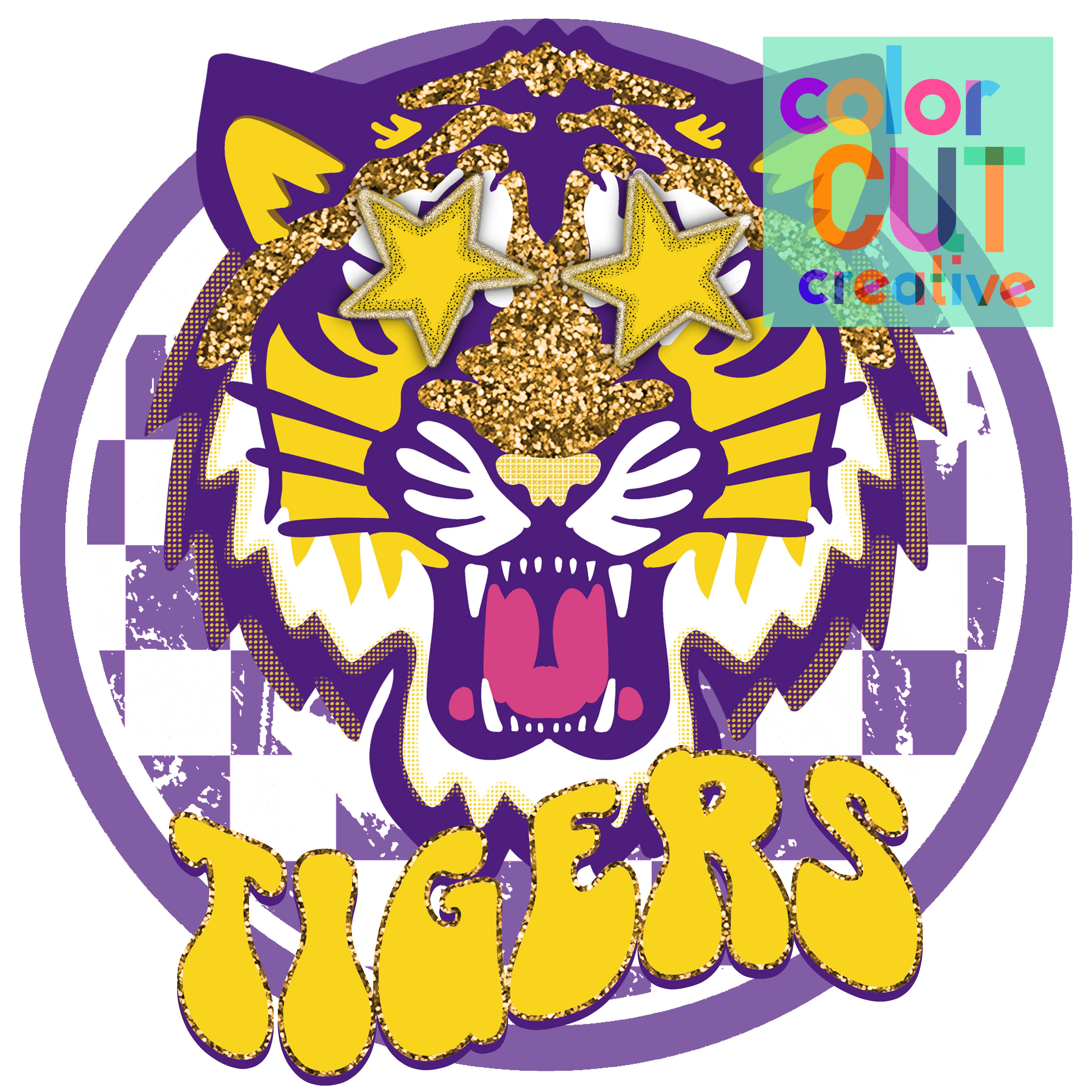 Tigers Preppy Mascot Purple Gold Color Cut Creative Tigers preppy mascot purple gold color cut creative